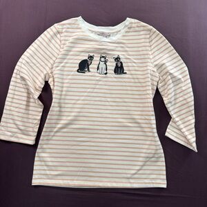 Striped Cat Graphic Tee - Pink & White - M